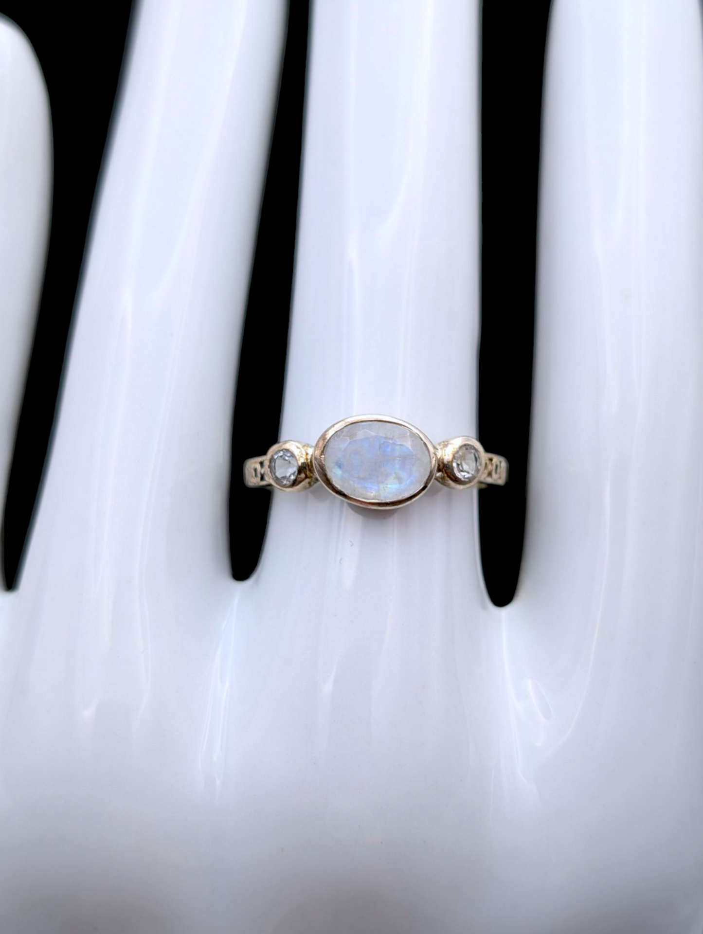 Vintage Genuine Moonstone and White Topaz East West Bezel Set Artisan Sterling Silver Ring