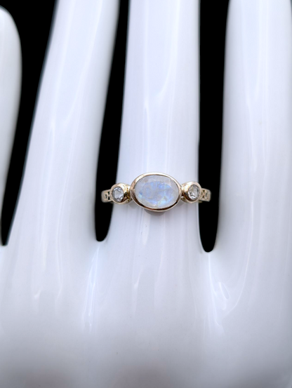 Vintage Genuine Moonstone and White Topaz East West Bezel Set Artisan Sterling Silver Ring