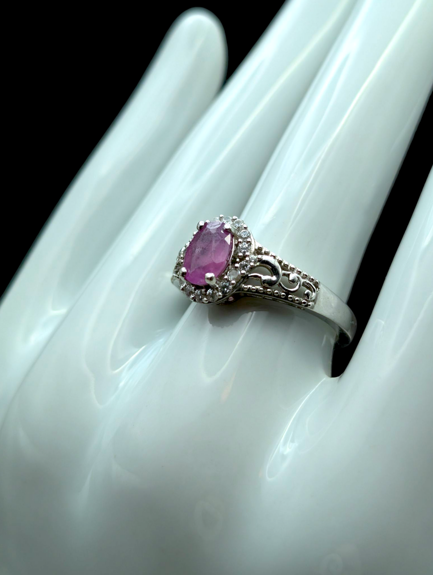 Vintage Oval Cut Solitaire Genuine Pink Sapphire Ruby with White Topaz Halo Sterling Silver Ring