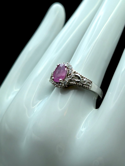 Vintage Oval Cut Solitaire Genuine Pink Sapphire Ruby with White Topaz Halo Sterling Silver Ring