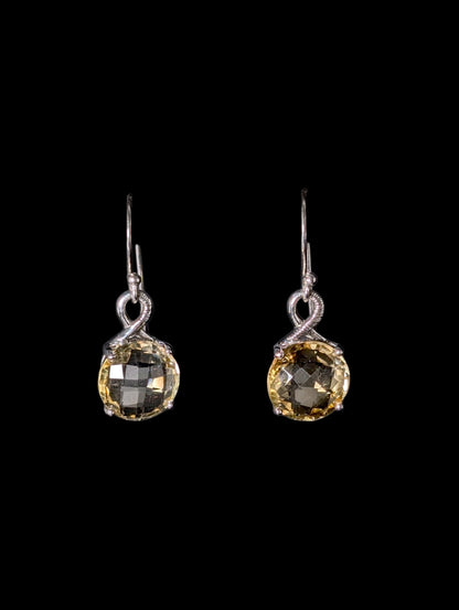 Vintage Round Rose Cut Genuine Golden Citrine Sterling Silver Dangle Earrings