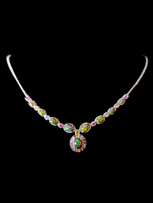 Vintage Cabochon Cut Jelly Genuine Black Opal and Multi-Gemstone Elegant Dangle Sterling Silver Necklace