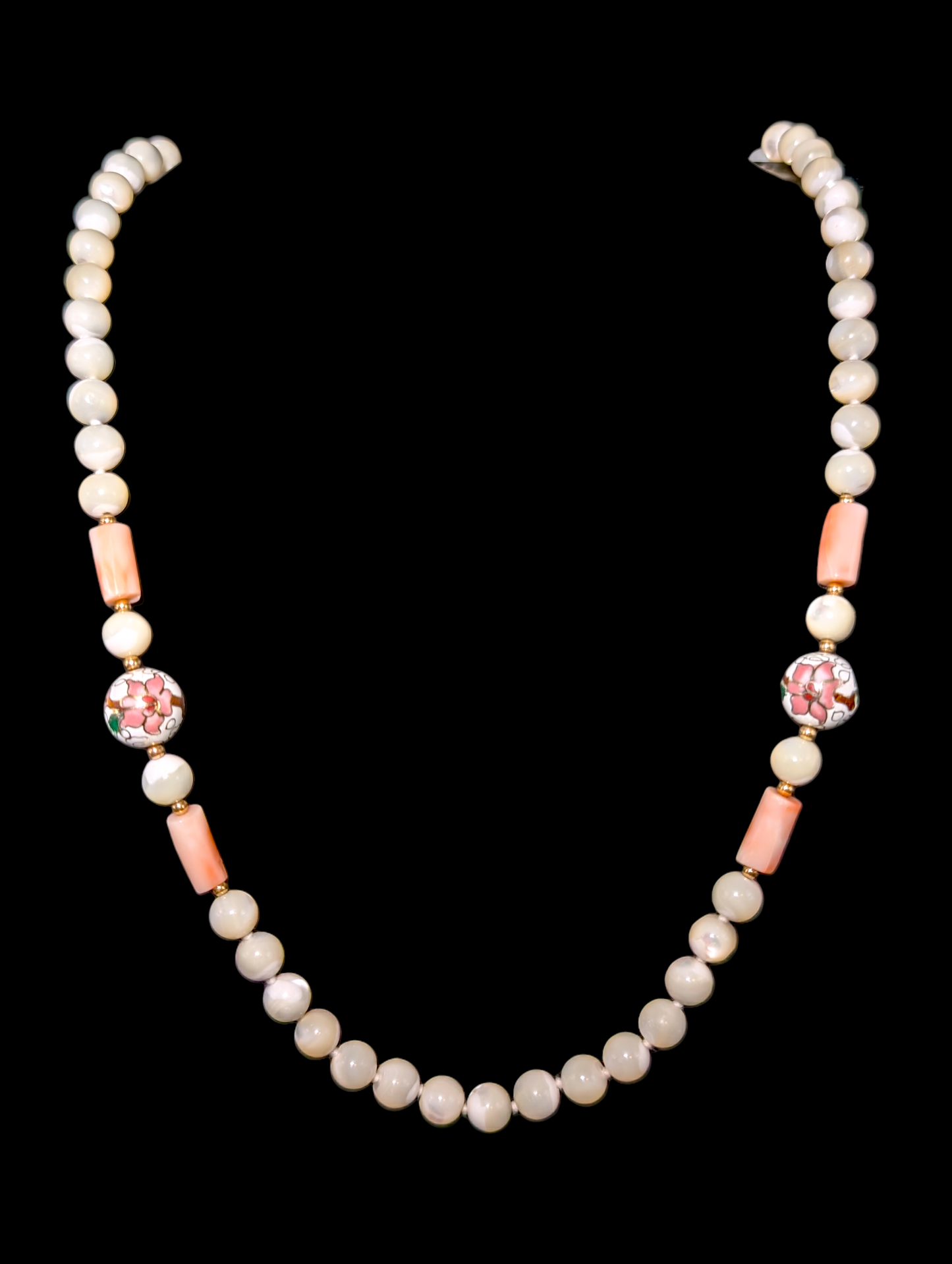 Vintage Genuine Mother of Pearl, Coral and 14k Yellow Gold Beads with Hand Painted Chinese Lotus Cloisonné Hand Knotted Necklace