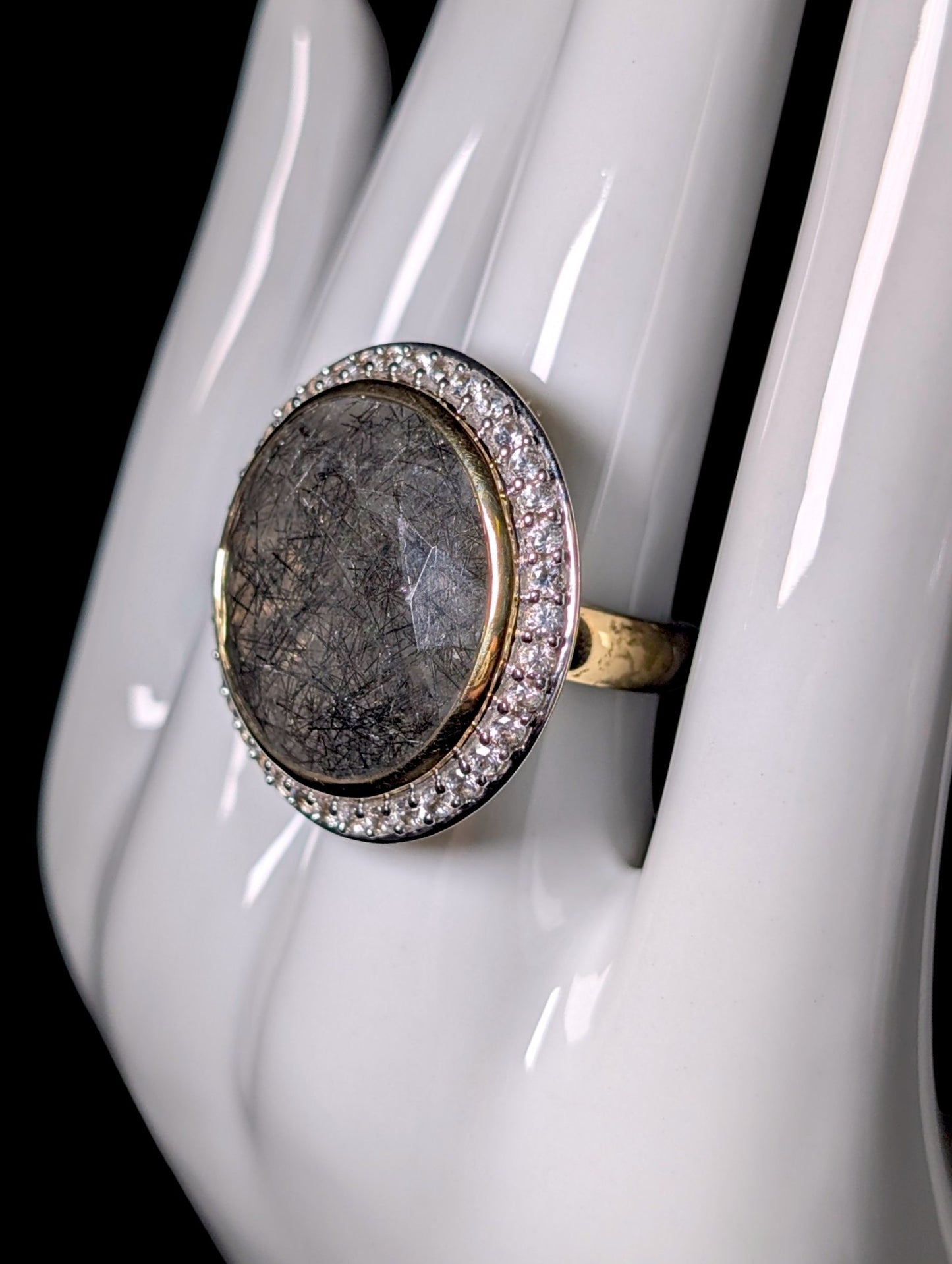 Vintage Genuine Rutilated Quartz and Topaz Halo Gold Toned Cocktail Ring