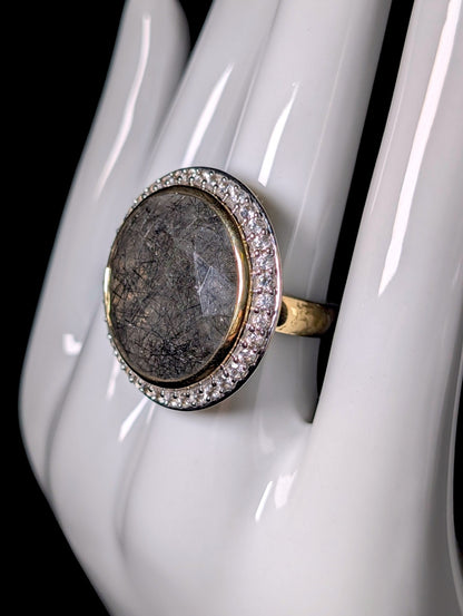 Vintage Genuine Rutilated Quartz and Topaz Halo Gold Toned Cocktail Ring
