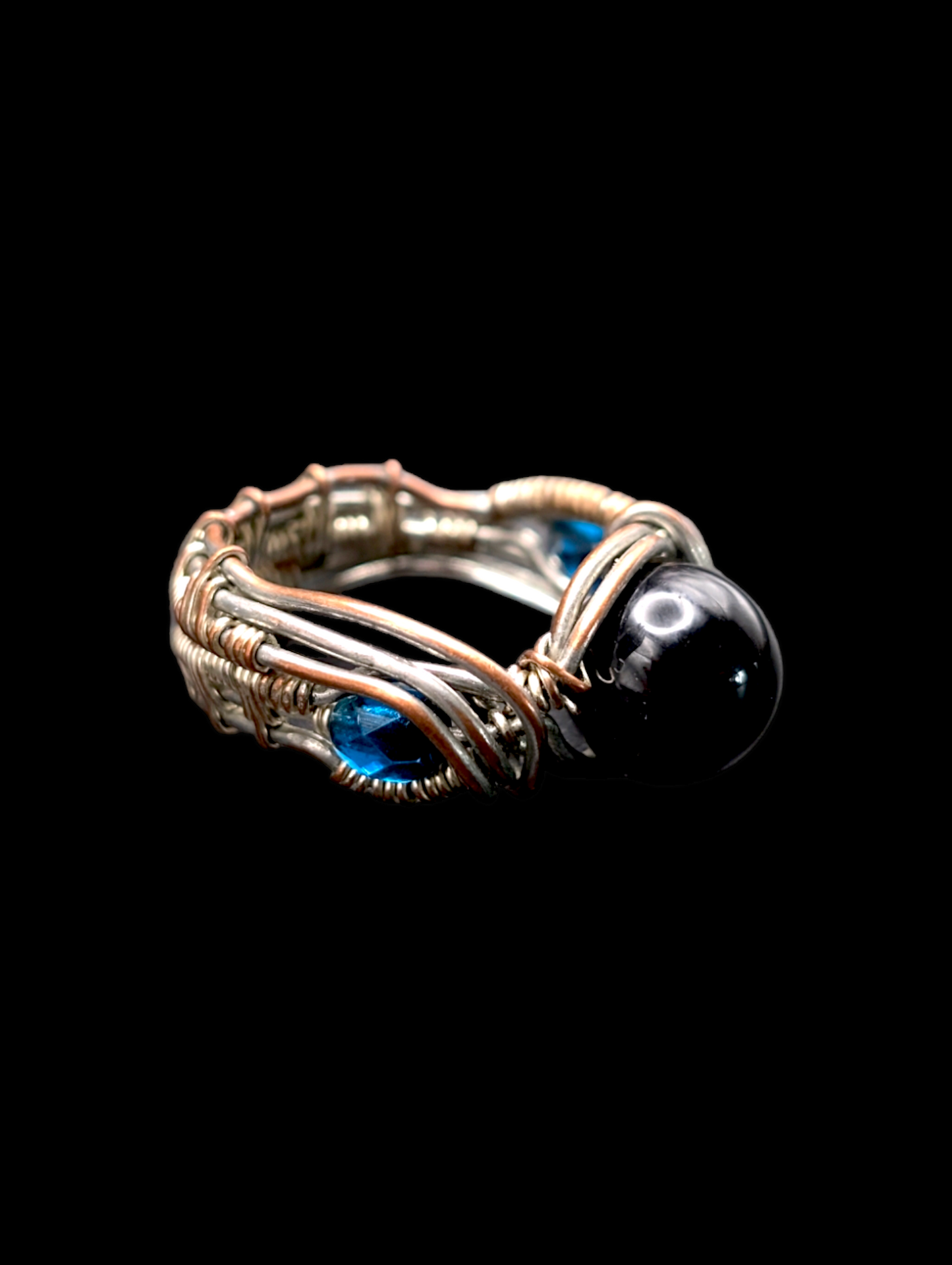 Vintage Black Agate Bead Copper Wire Wrapped Bead Ring