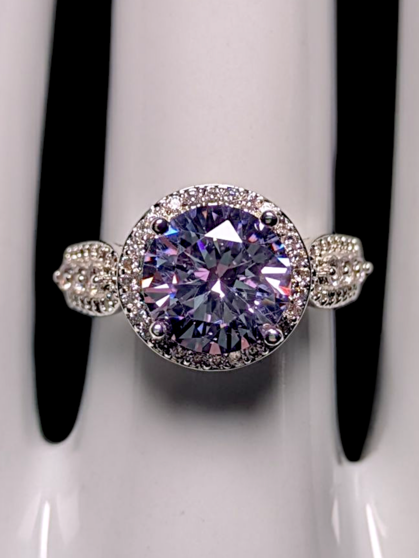 Vintage Inspired Round Brilliant Cut Simulated Purple Sapphire Solitaire with Simulated Diamond Halo Silver Toned Ring