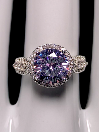 Vintage Inspired Round Brilliant Cut Simulated Purple Sapphire Solitaire with Simulated Diamond Halo Silver Toned Ring