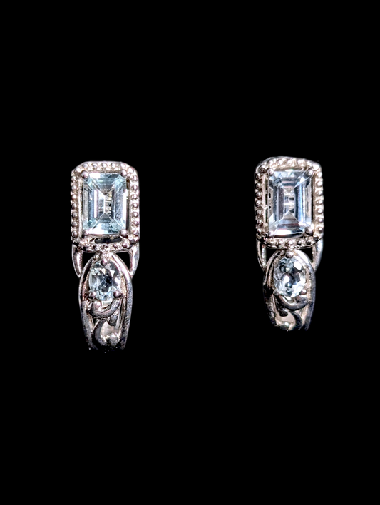 Vintage Inspired Emerald Cut Genuine Aquamarine Huggie Post Sterling Silver Earrings