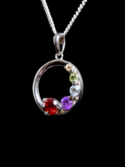 Vintage Dainty Circle Multi-Stone Genuine Garnet, Amethyst, Topaz, Peridot, and Citrine Sterling Silver Pendant