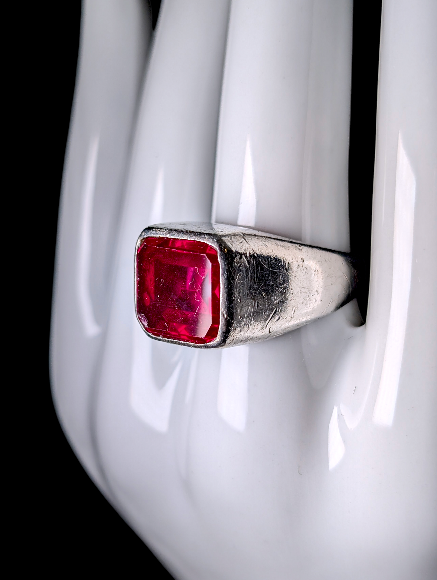 Vintage Bezel Set Large Genuine Ruby Solitaire Taxco Sterling Silver Men's Ring
