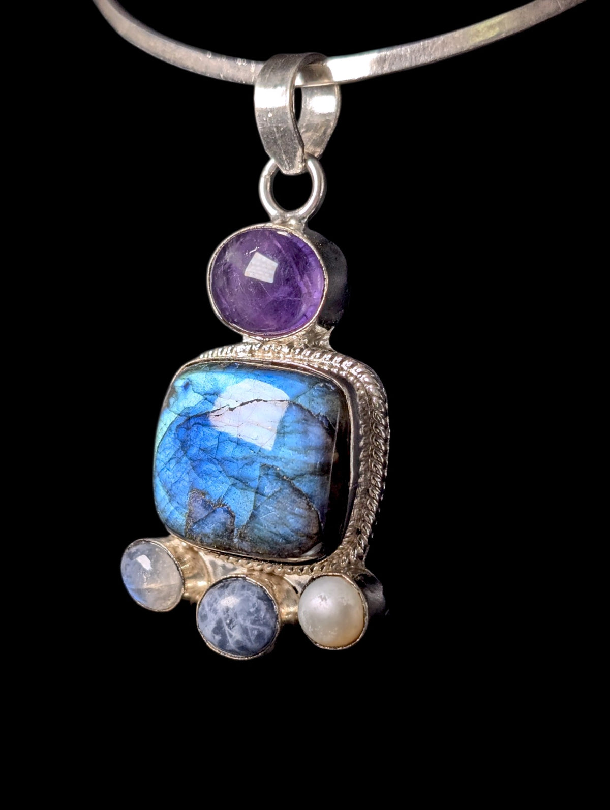 Vintage Large Genuine Labradorite, Amethyst, Moonstone, Pearl and Sodalite Sterling Silver Pendant