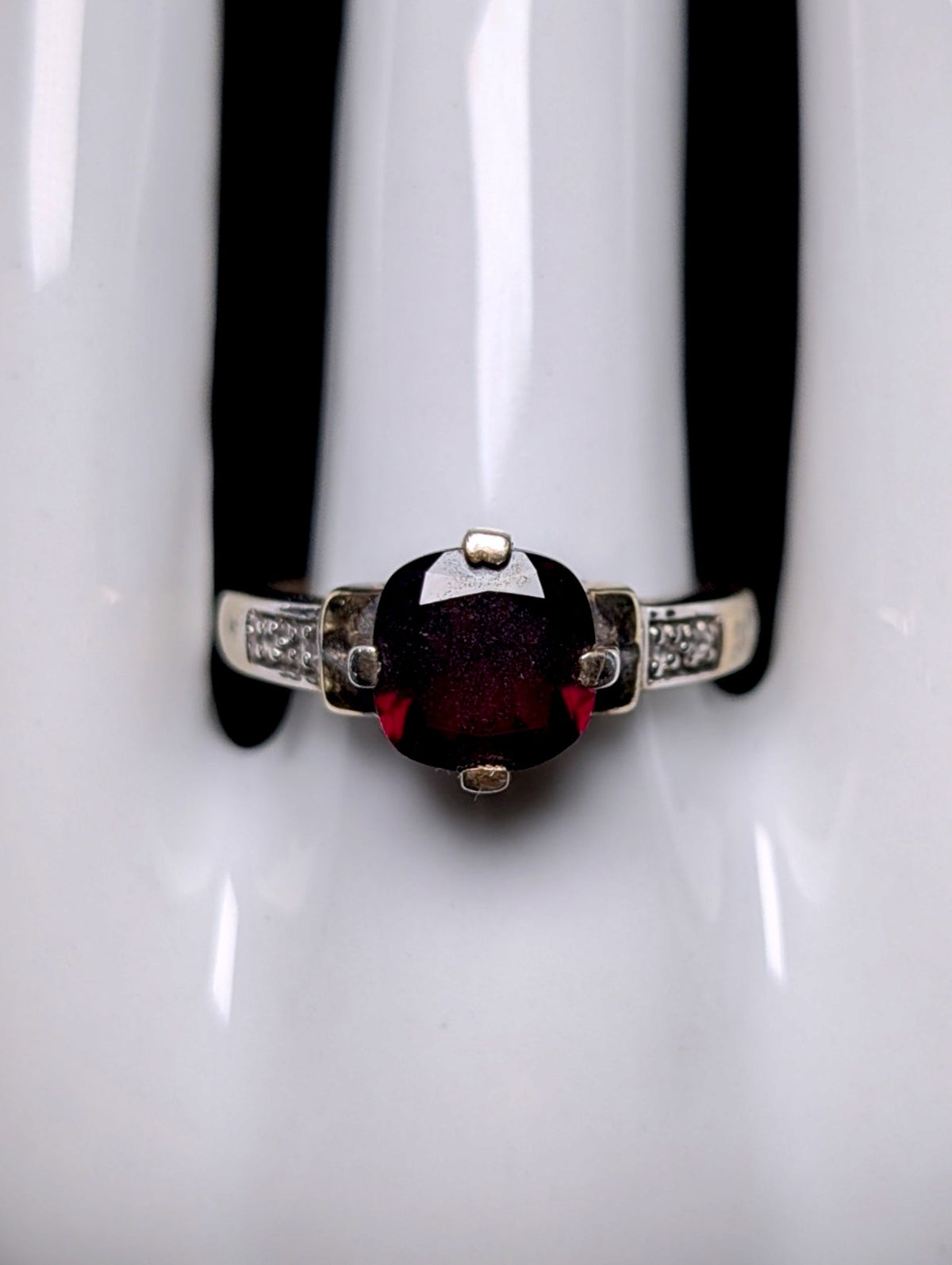 Vintage Cushion Cut Genuine Garnet Solitaire, White Topaz Accents Gold over Sterling Ring