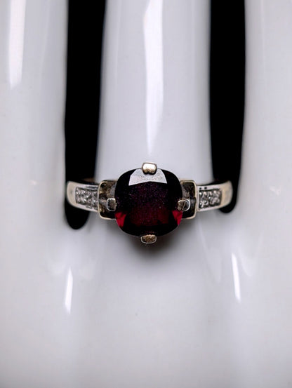 Vintage Cushion Cut Genuine Garnet Solitaire, White Topaz Accents Gold over Sterling Ring
