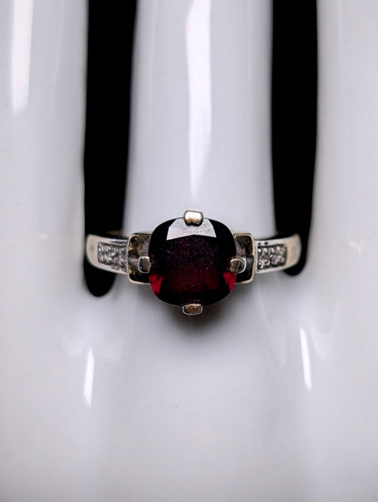 Vintage Cushion Cut Genuine Garnet Solitaire, White Topaz Accents Gold over Sterling Ring