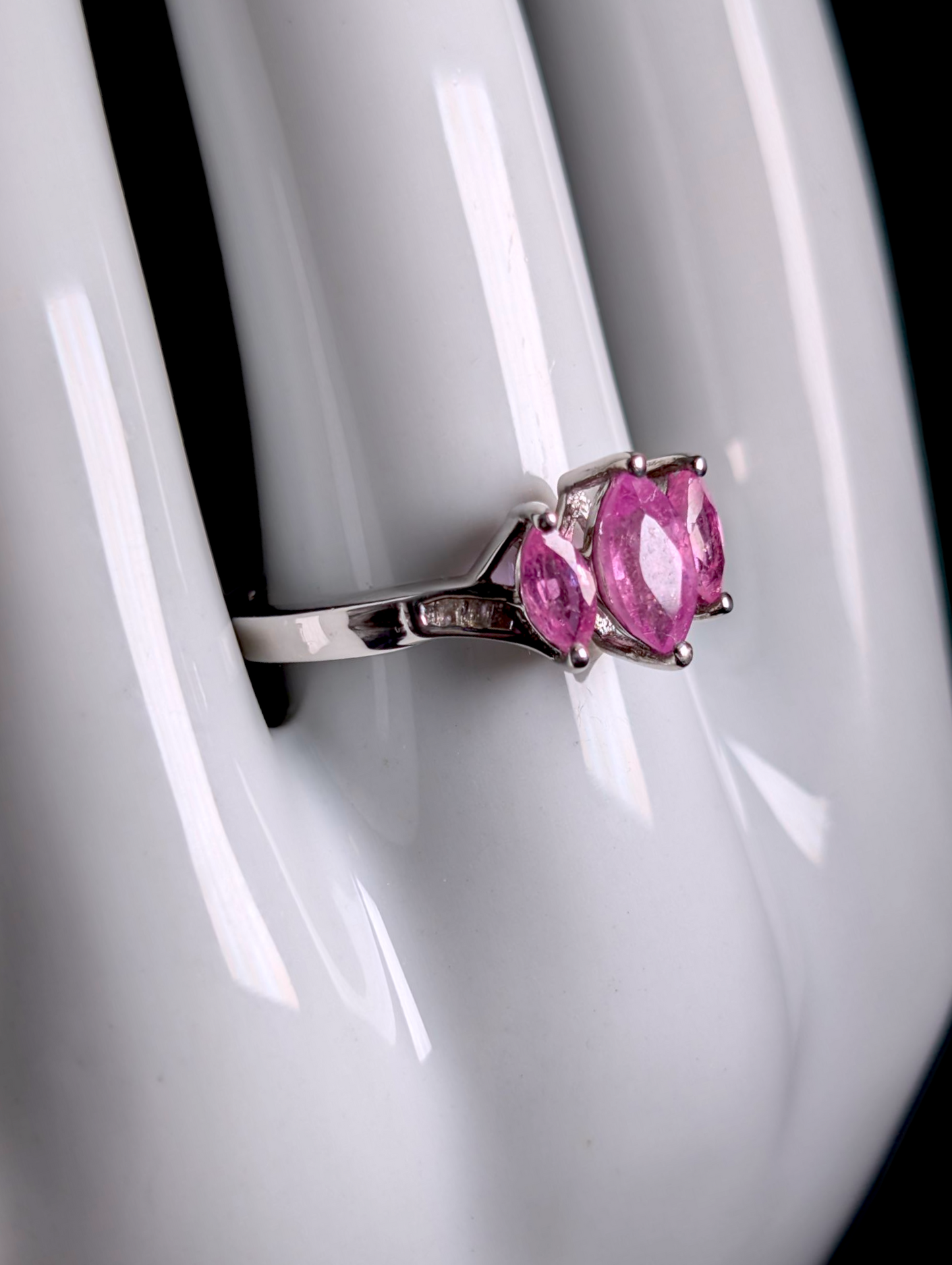 Vintage Marquise Cut Trio Genuine Pink Ruby Sapphire and Diamond Accent Sterling Silver Ring