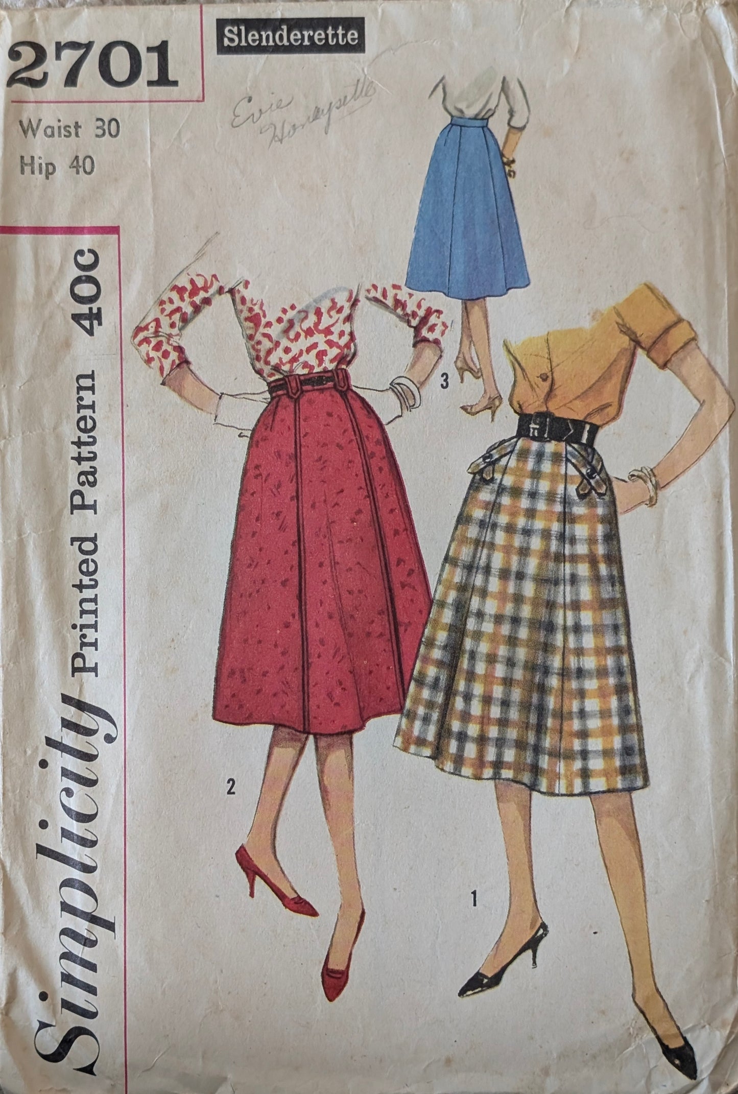 1950s Original Vintage Sewing Pattern: Simplicity 2701 Waist 30"
