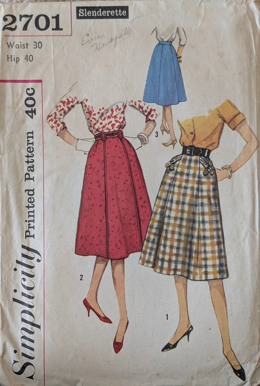 1950s Original Vintage Sewing Pattern: Simplicity 2701 Waist 30"