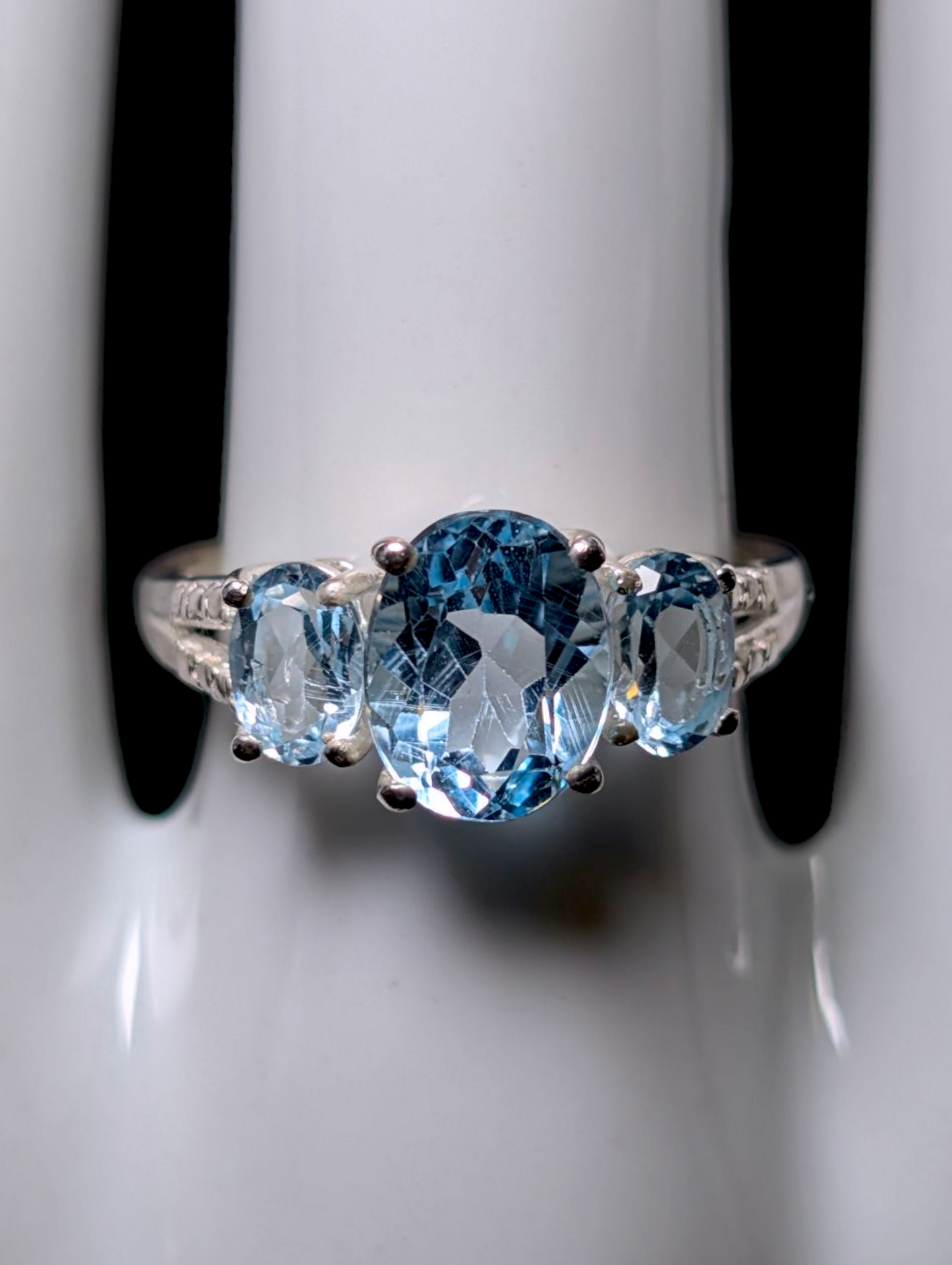 Vintage Oval Cut Three Stone Genuine Sky Blue Topaz Sterling Silver Ring