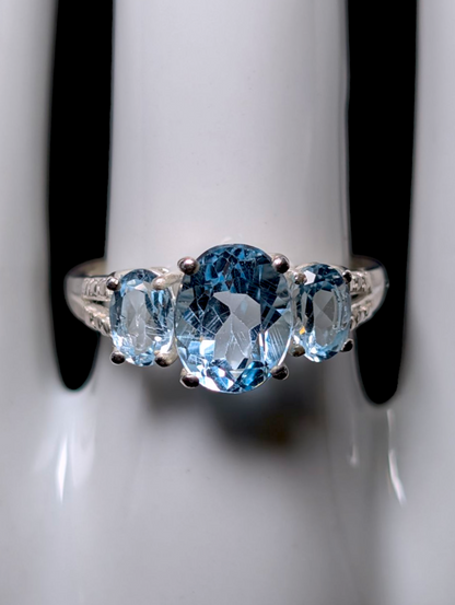 Vintage Oval Cut Three Stone Genuine Sky Blue Topaz Sterling Silver Ring