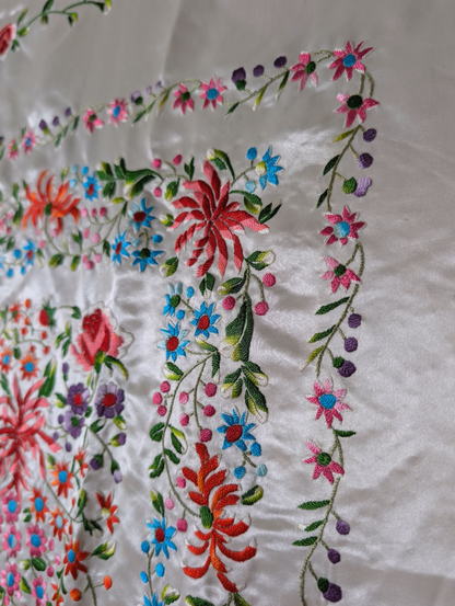 Antique Rare Manton De Manila Embroidered Florals Silk Flamenco Piano Shawl in White with Hand Knotted Macrame Fringe