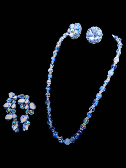 Vintage Rare Signed Alice Caviness Blue and White Necklace, Earrings and Bracelet 3 Piece Set