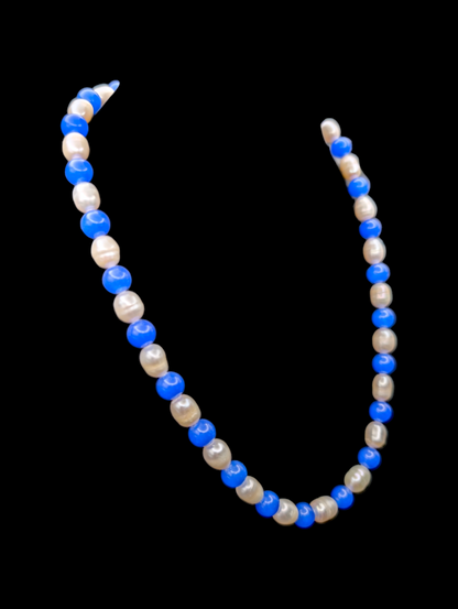 Vintage Single Strand Genuine Freshwater Pearl and Blue Jade  Necklace