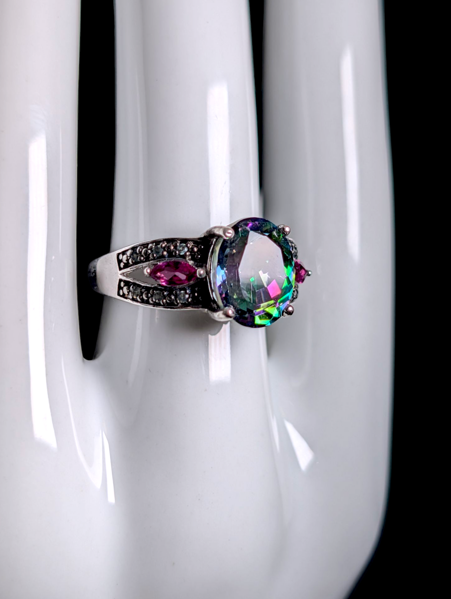 Vintage Inspired Oval Cut Genuine Nigerian Mystic Topaz with Rhodolite Garnet and Tsavorite Garnet Accent Stones Sterling Silver Ring
