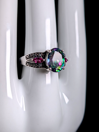 Vintage Inspired Oval Cut Genuine Nigerian Mystic Topaz with Rhodolite Garnet and Tsavorite Garnet Accent Stones Sterling Silver Ring