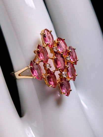 Vintage 14k Gold Genuine Pink Tourmaline and Diamond Cluster Waterfall Statement Ring