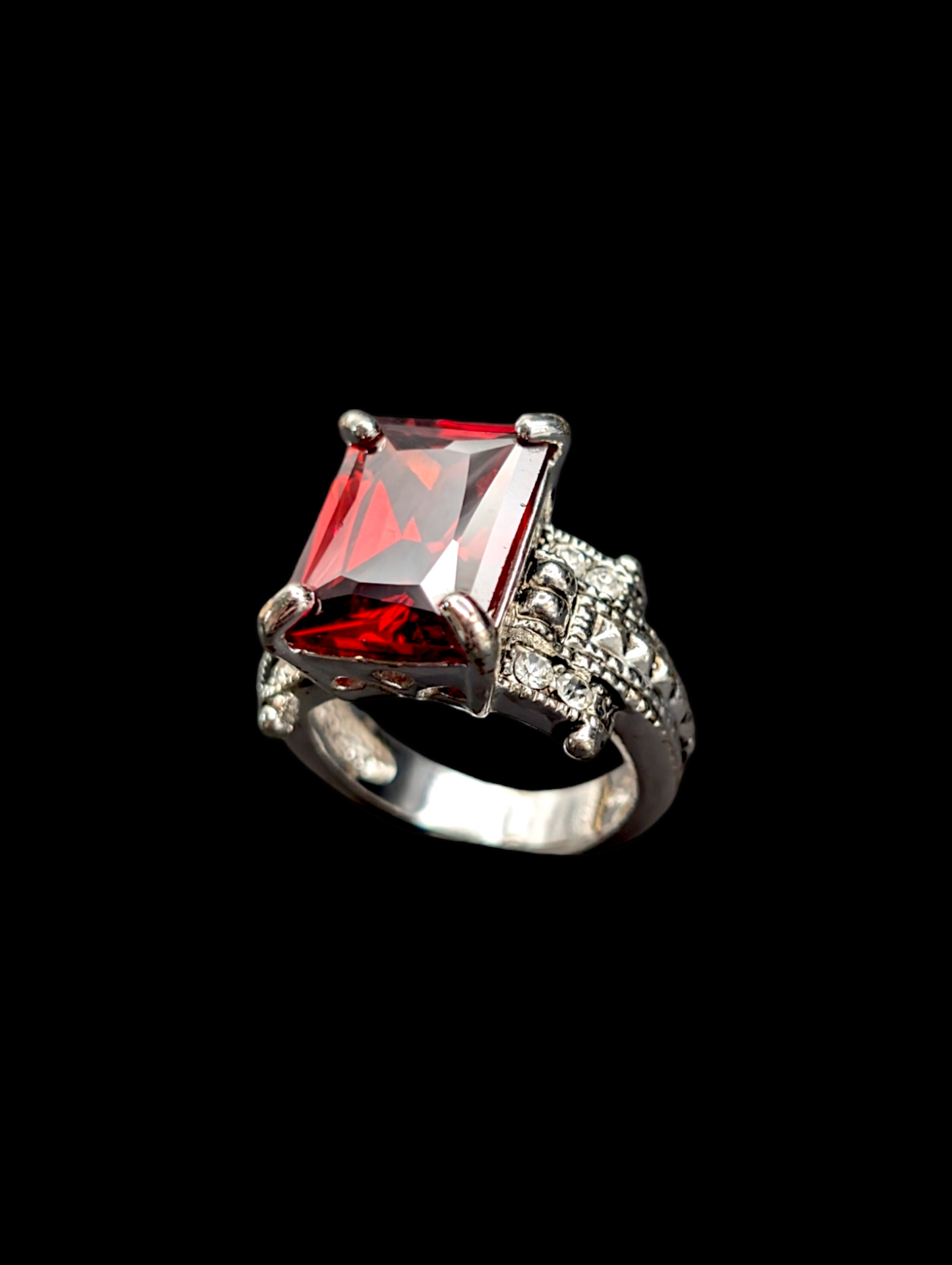 Vintage Inspired Simulated Ruby and Crystal Best Silver Ring