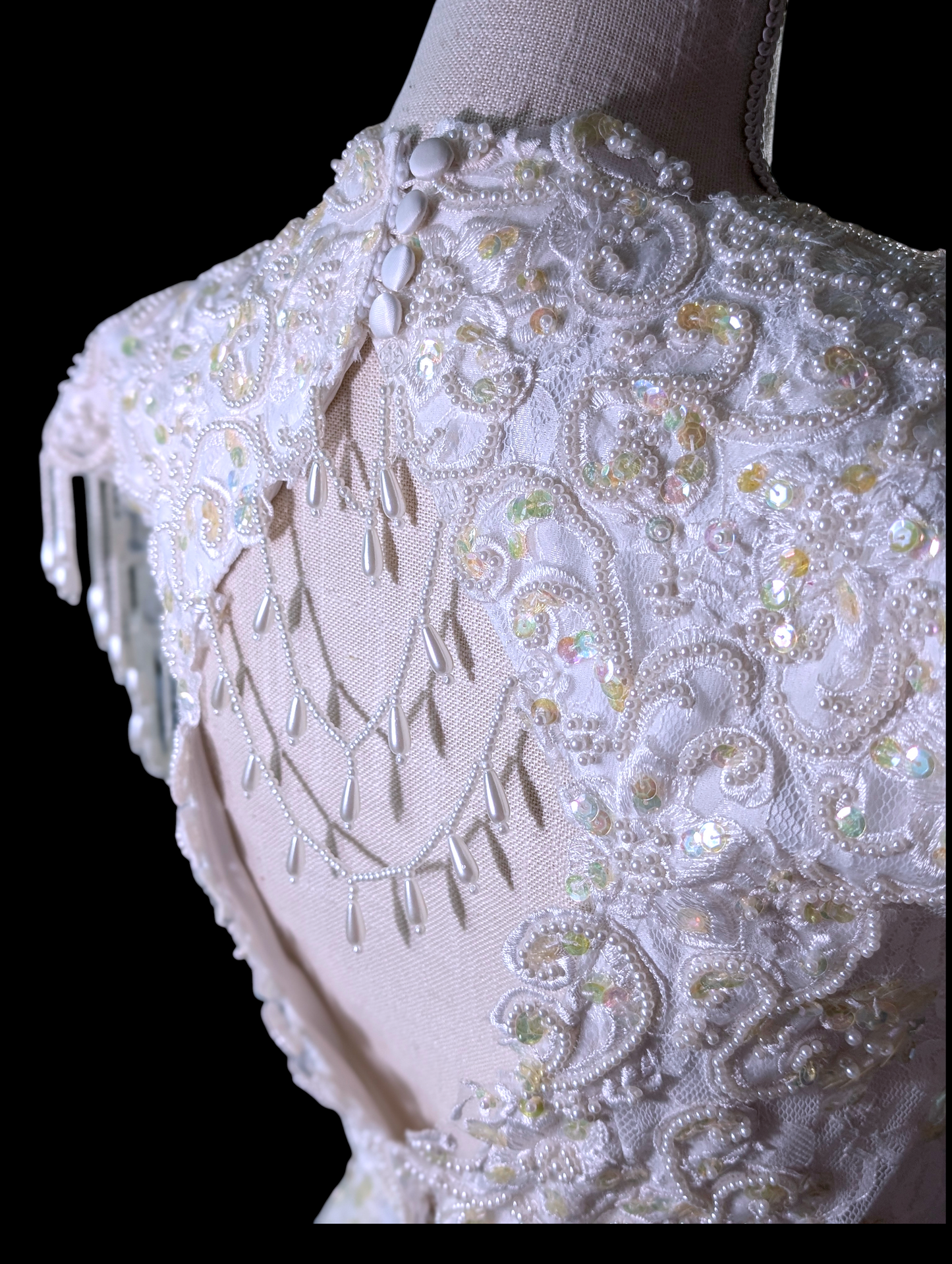 1980s-1990s Alfred Angelo Mystical Aurora Borealis Sequin and Pearl Beaded Sleeveless Vintage Wedding Dress with Cathedral Train