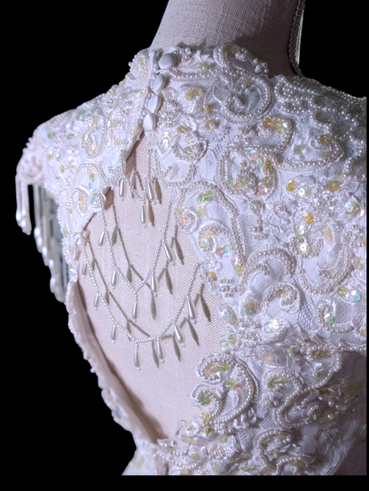 1980s-1990s Alfred Angelo Mystical Aurora Borealis Sequin and Pearl Beaded Sleeveless Vintage Wedding Dress with Cathedral Train