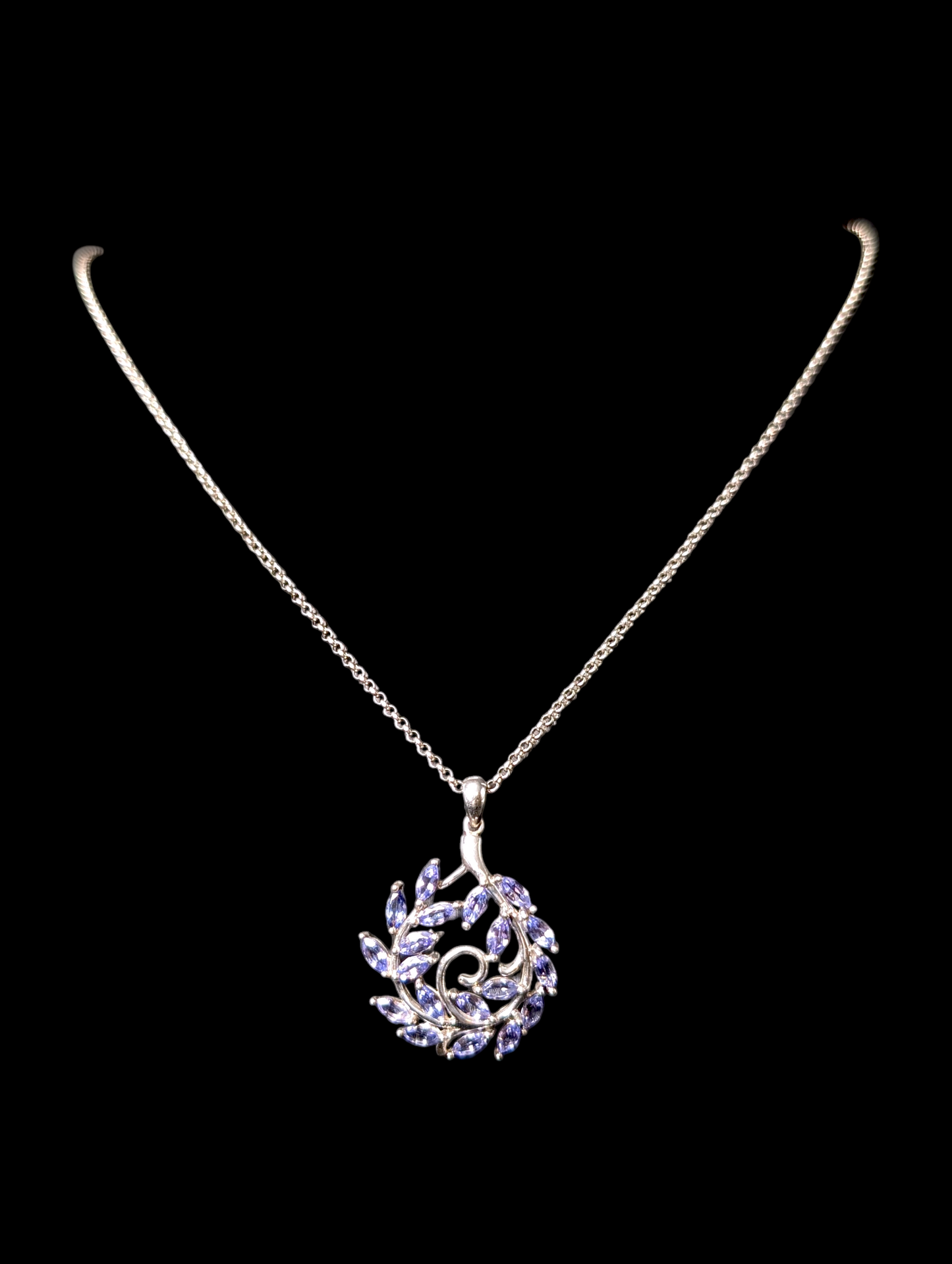 Vintage Earth Mined Genuine Tanzanite Sterling Leafy Spiral Branch Pendant and Sterling Silver Chain Necklace