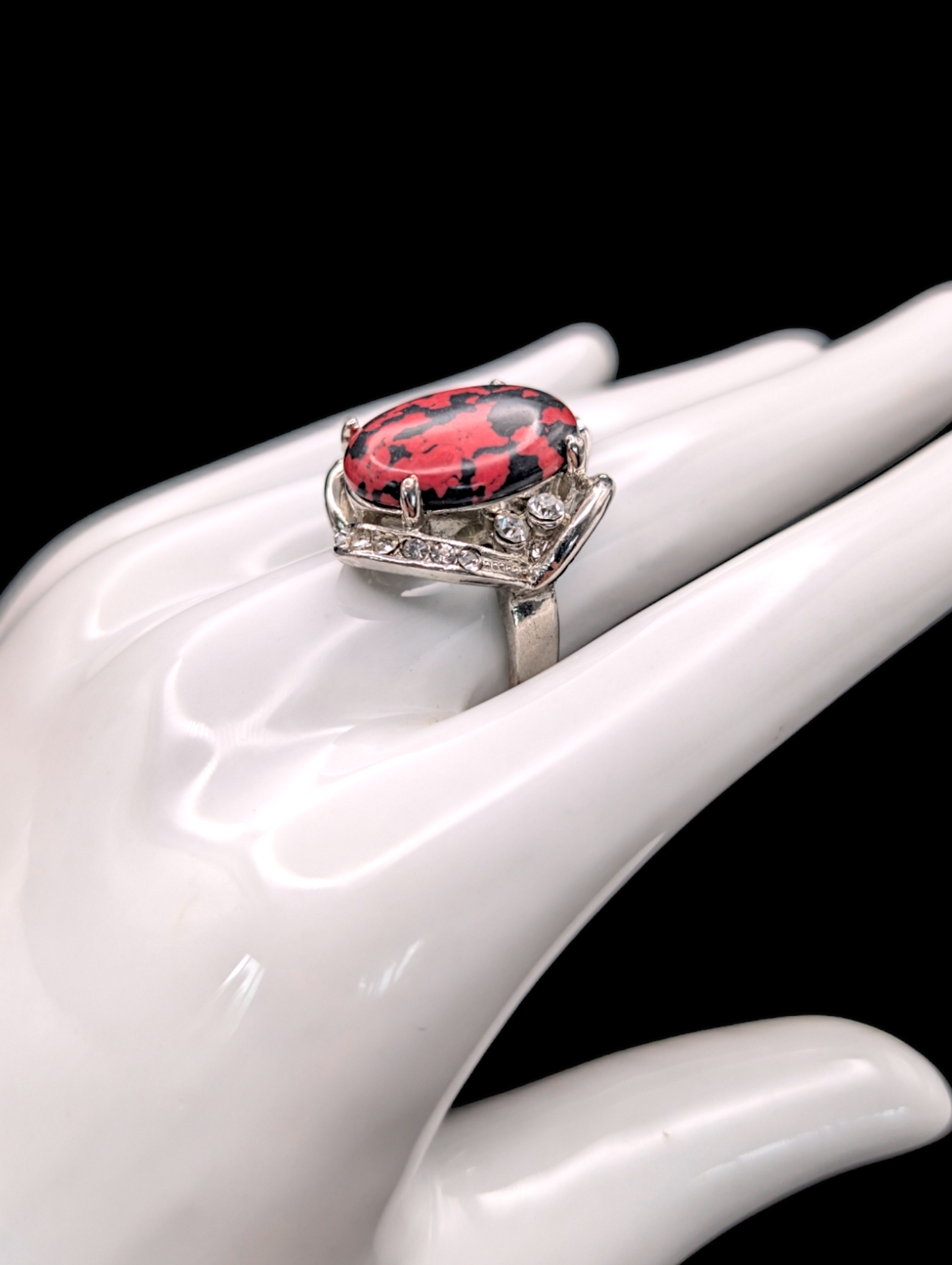 Vintage Red and Black Simulated Marble Cocktail Silver Statement Ring