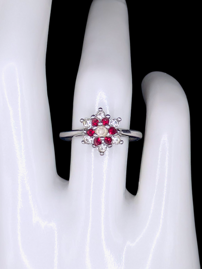 Vintage Inspired Round Cut Simulated Ruby and Simulated Diamond Flower 18k HGE Ring