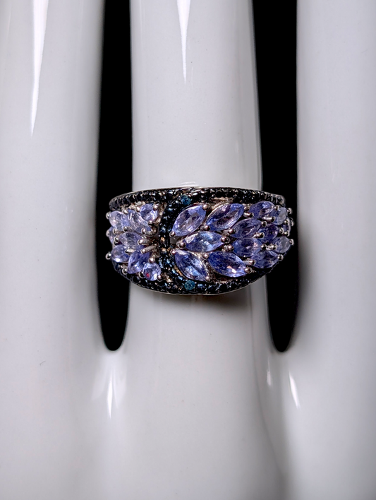 Vintage Earth Mined Genuine Tanzanite and Blue Diamond accents with Black Rhodium Sterling Silver Ring