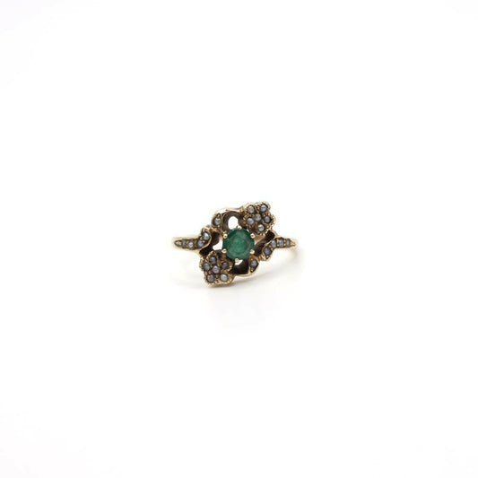 Vintage Victorian Style Genuine Emerald and Seed Pearl Ring In 10K Yellow Gold