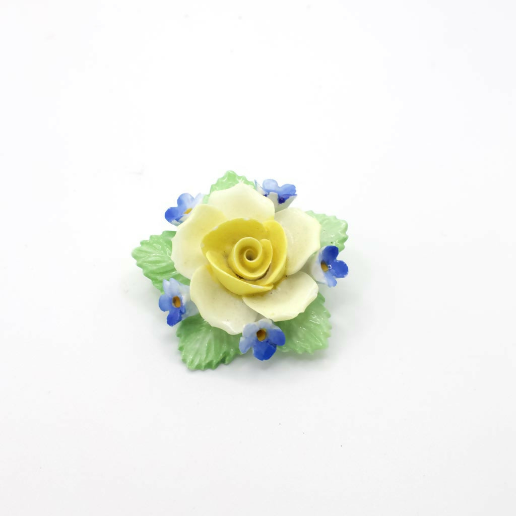 Vintage Denton China Porcelain Yellow Rose Flower Brooch