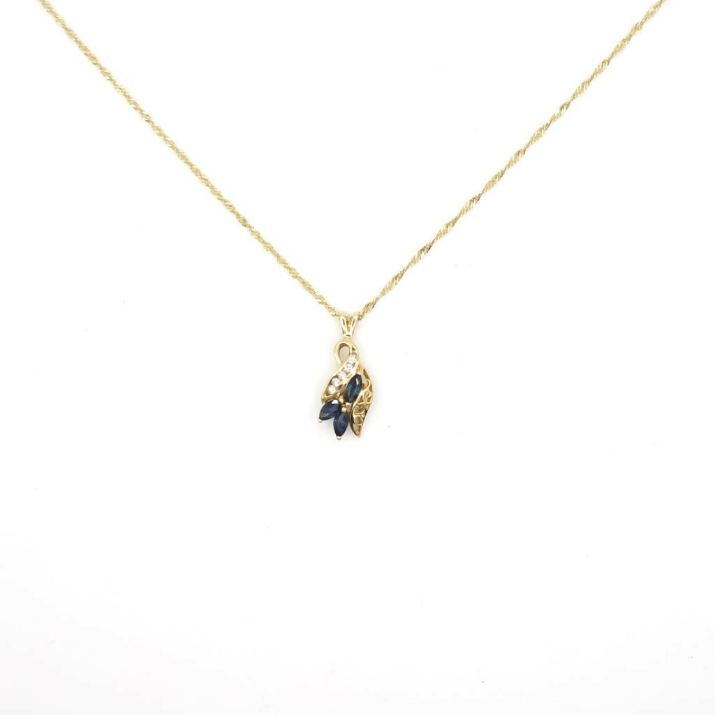 Vintage Genuine Earth Mined Diamond and Sapphire Pendant Necklace In 14K Yellow Gold