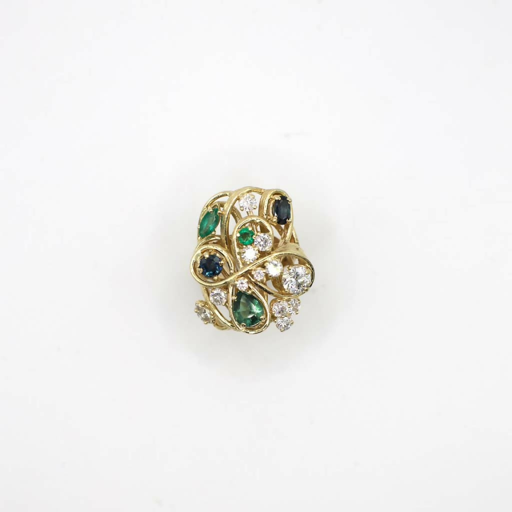 Rare Vintage Genuine Diamond, Sapphire, and Emerald Statement Ring In 14K Yellow Gold