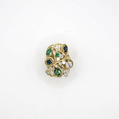 Rare Vintage Genuine Diamond, Sapphire, and Emerald Statement Ring In 14K Yellow Gold
