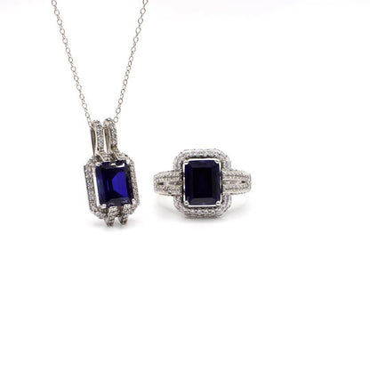 Vintage Art Deco Inspired Genuine Sapphire and CZ Pendant Sterling Silver Necklace and Ring Set