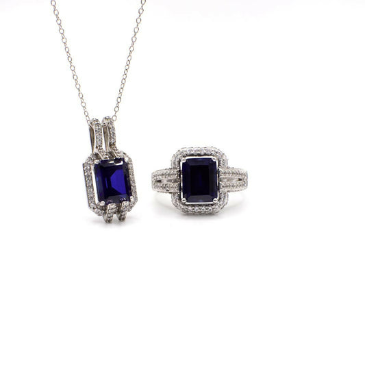 Vintage Art Deco Inspired Genuine Sapphire and CZ Pendant Sterling Silver Necklace and Ring Set