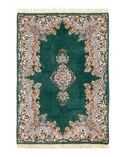 Persian Kerman Rug 4x6, Green Ivory Pink, Wool Vintage, Semi Open Field