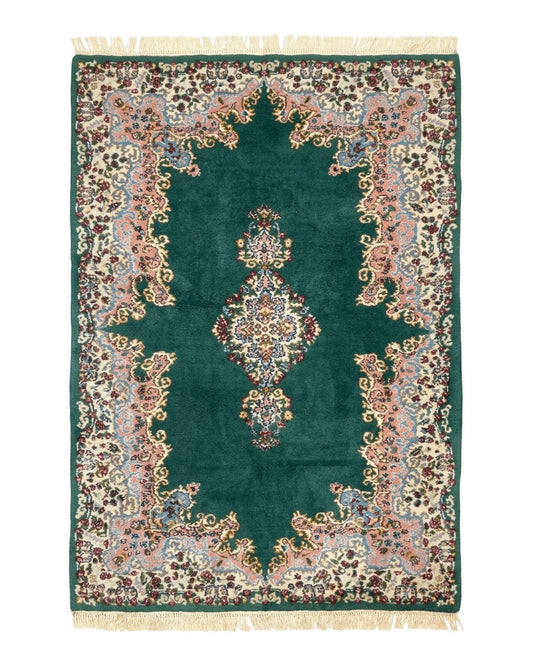 Persian Kerman Rug 4x6, Green Ivory Pink, Wool Vintage, Semi Open Field
