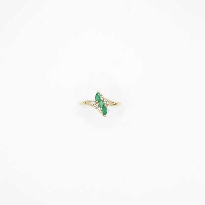 Estate Vintage Genuine Diamond and Emerald Bypass Shank Ring In 14K Plumb Yellow Gold