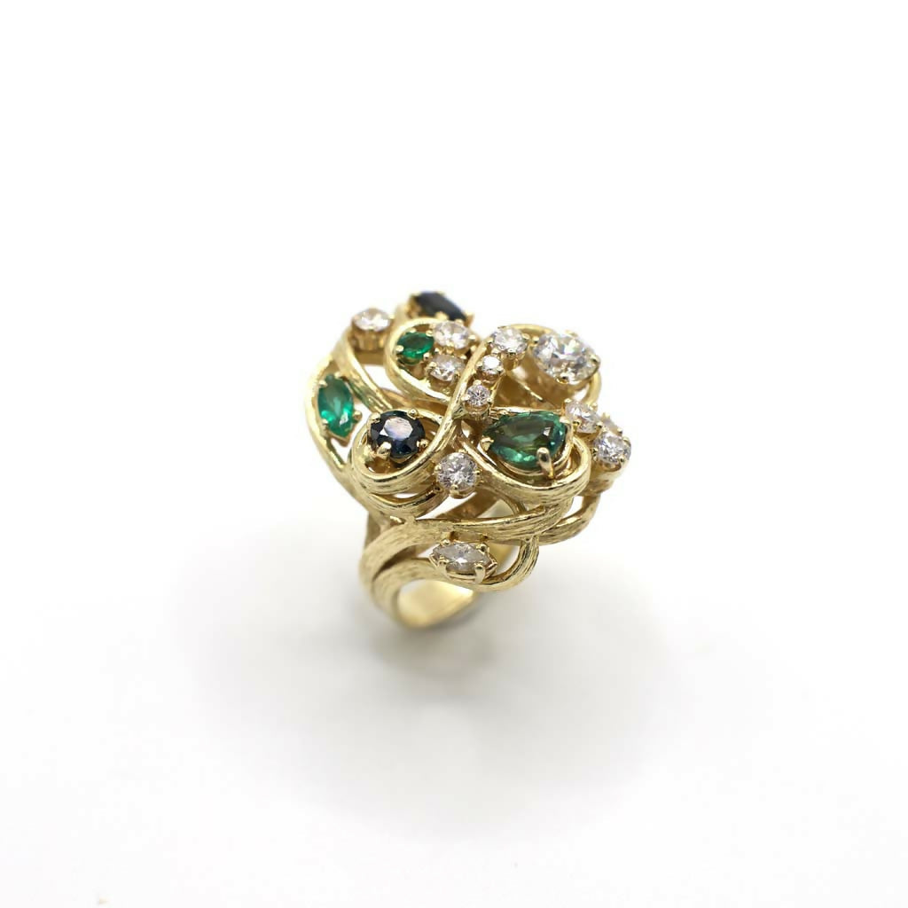Rare Vintage Genuine Diamond, Sapphire, and Emerald Statement Ring In 14K Yellow Gold
