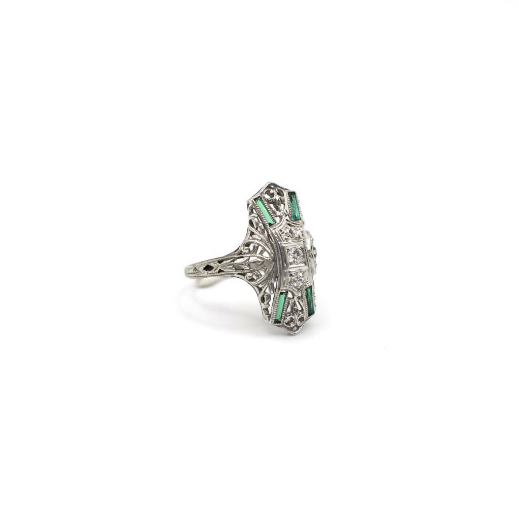 Antique Art Deco Genuine Diamond, Simulated Emerald, and 14K/18K White Gold Filigree Shield Ring