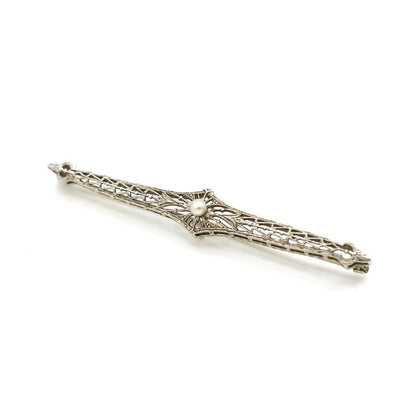 Antique Art Deco Platinum Over 14K White Gold Filigree and Genuine Button Pearl Bar Pin